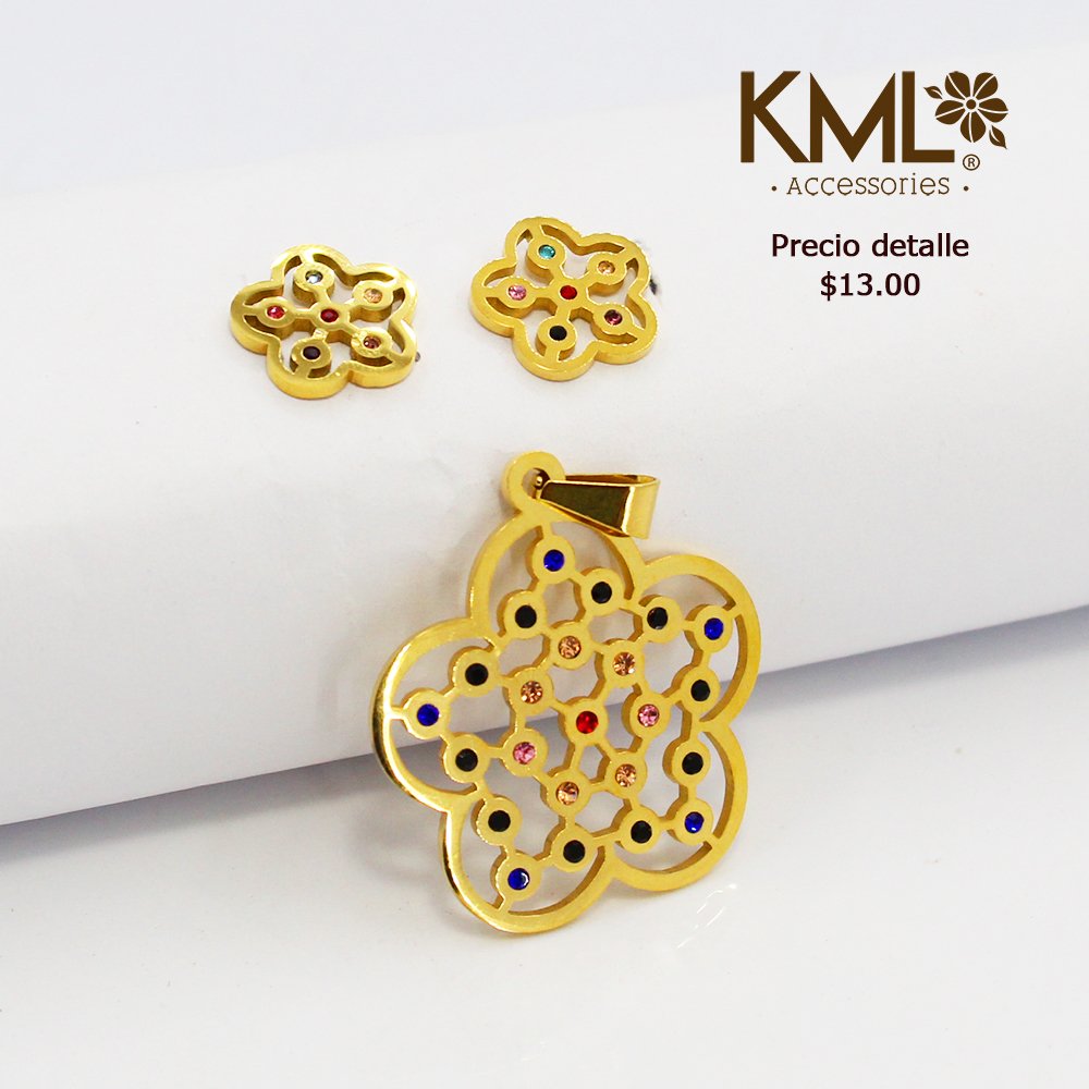 SET DORADO FLOR 5 PETALOS CIRCONES COLORES