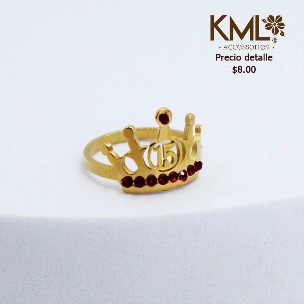ANILLO 15 AÑOS CORONA CIRCONES ROJOS