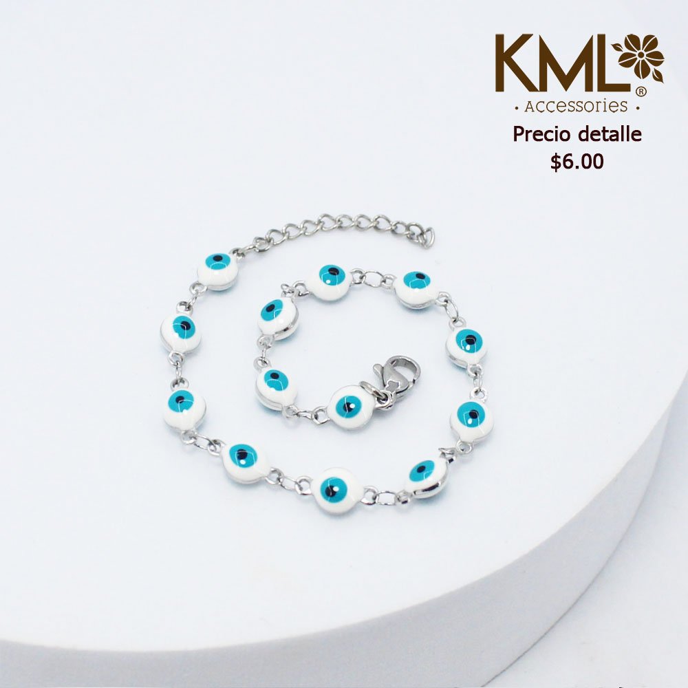 PULSERA PLATEADA  OJOS TURCOS BLANCOS