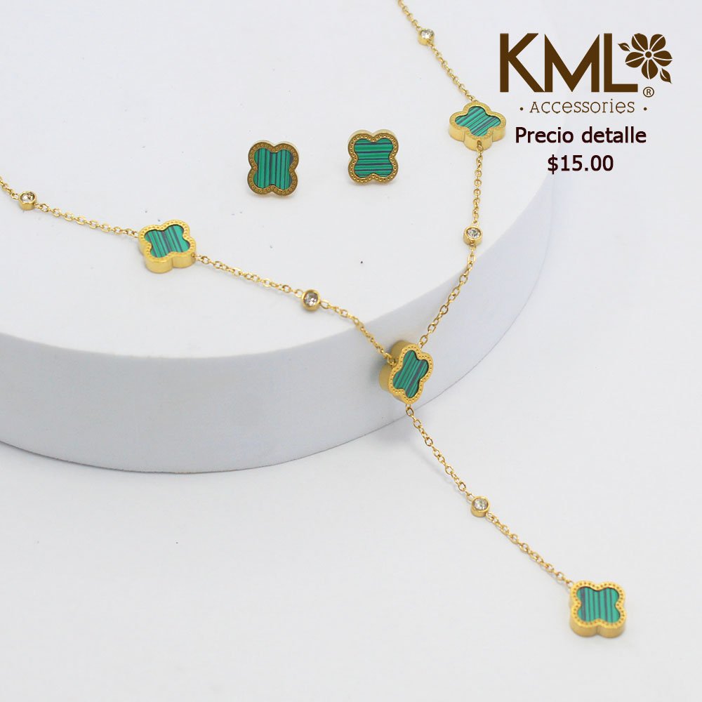 SET TREBOL CIRCONES VERDE – TONO DORADO