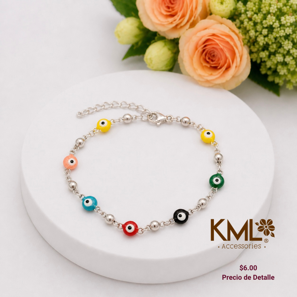 PULSERA PLATEADA OJO TURCO COLORES