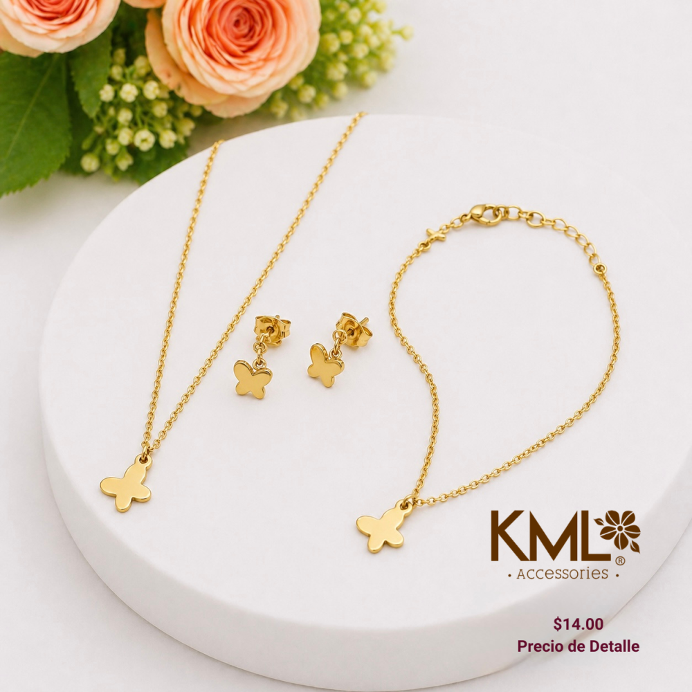 SET MARIPOSA PULSERA-CADENA-ARETES DORADO