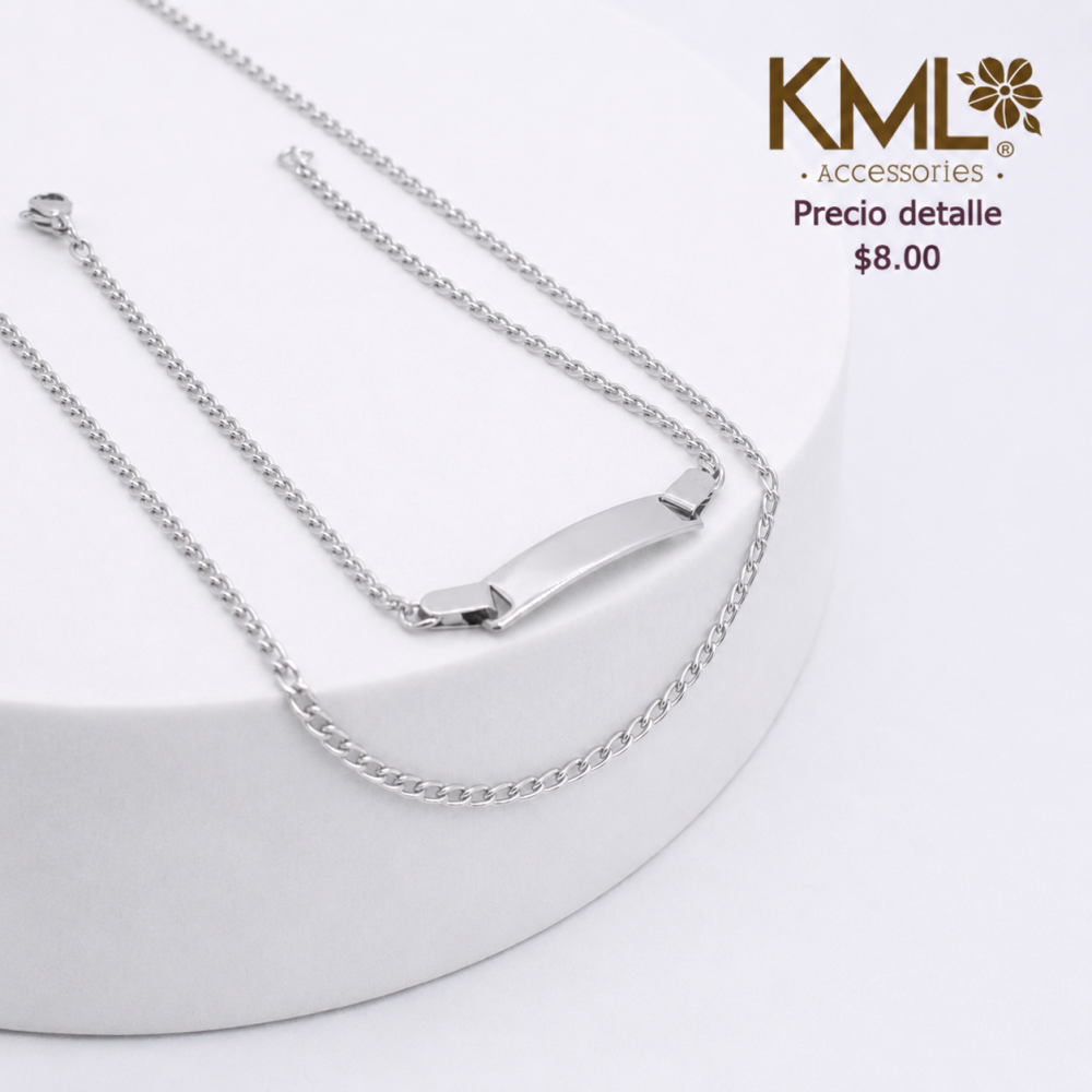 SET CADENA + PULSERA PLAQUITA PLATEADO