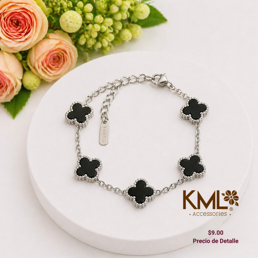 PULSERA TREBOL NEGRO PLATEADO