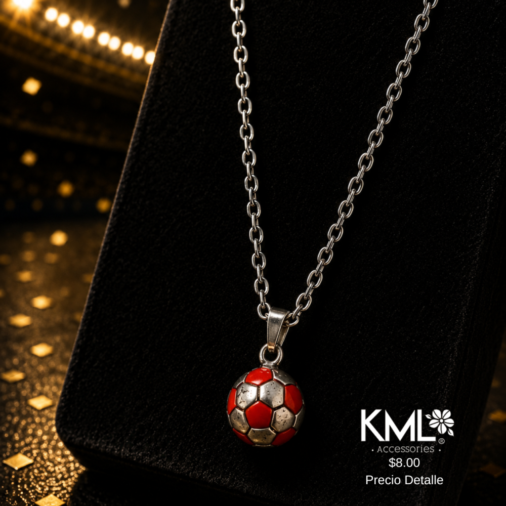 CADENA PELOTA PLATEADO ROJA