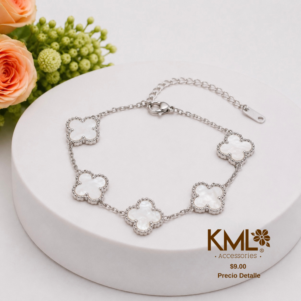 PULSERA TREBOL BLANCA TONO PLATEADO
