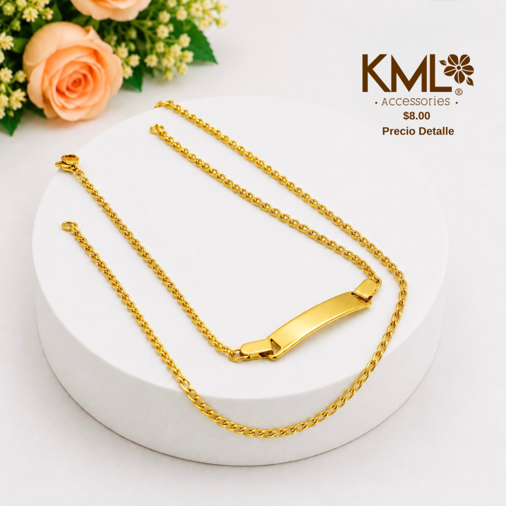 SET CADENA + PULSERA PLAQUITA DORADA