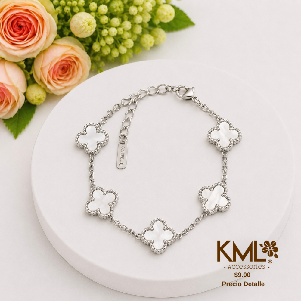 PULSERA TREBOL PLATEADA BLANCA