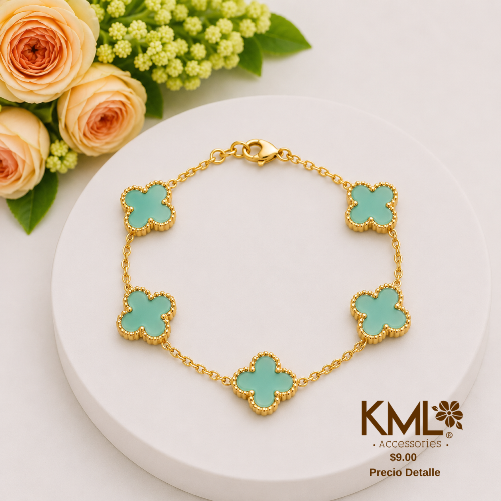 PULSERA TREBOL DORADA CELESTE