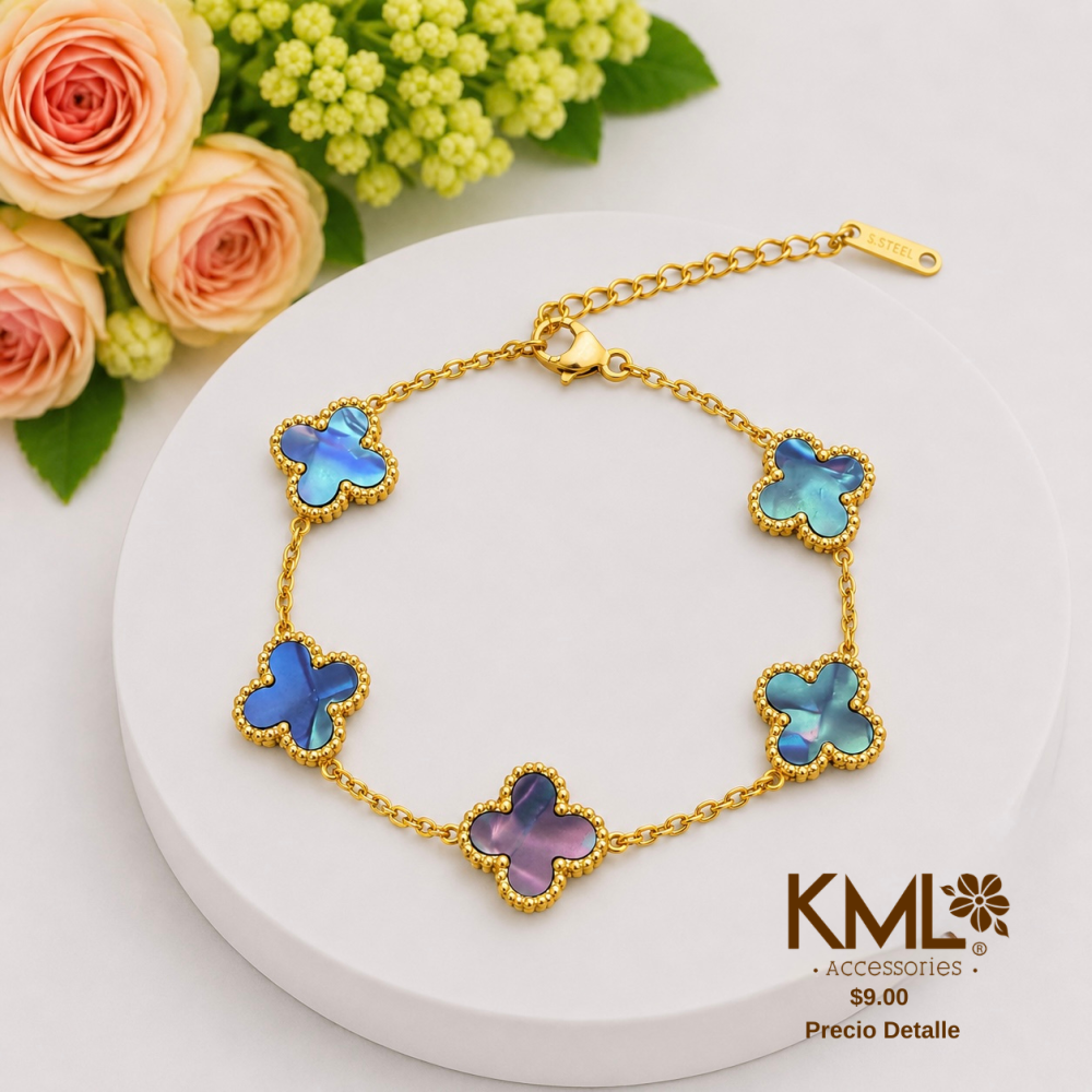 PULSERA TREBOL DORADA AZUL
