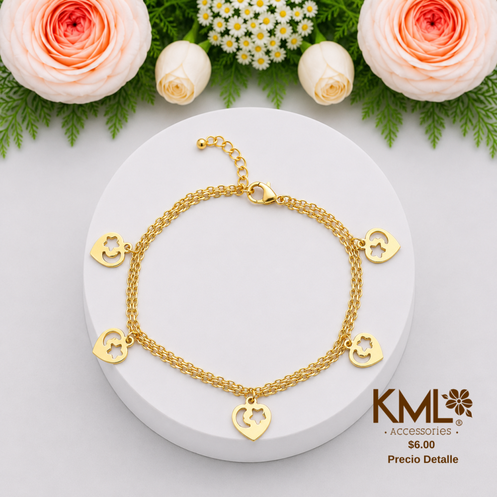 PULSERA CORAZON LUNA ESTRELLA DORADA