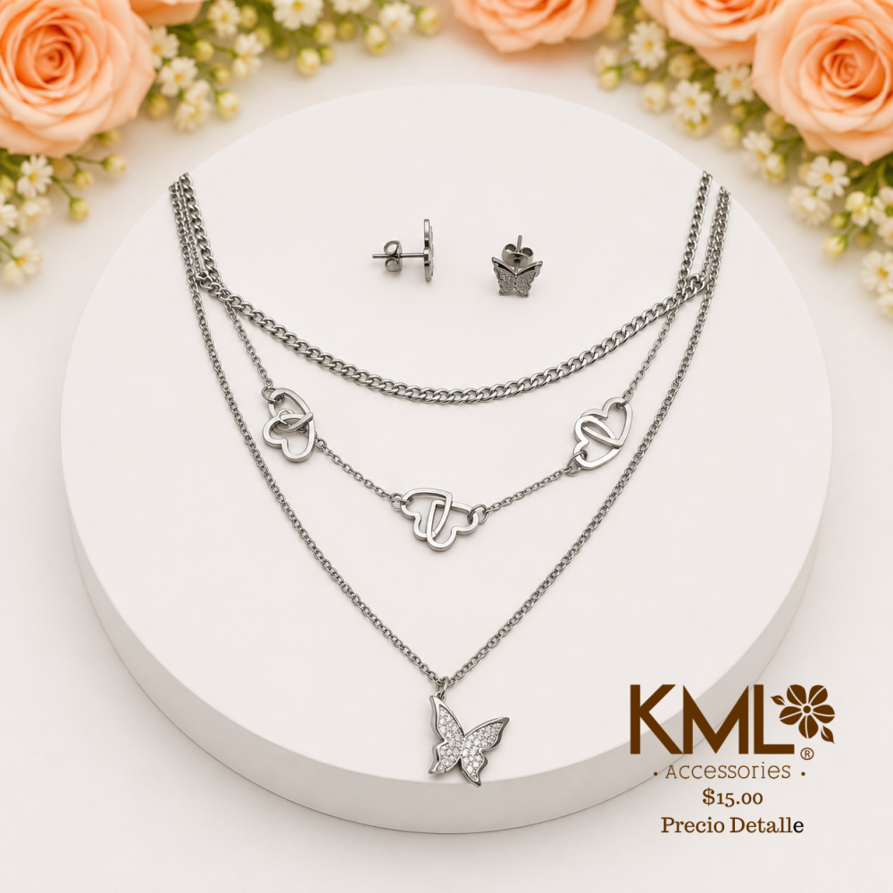 SET TRIPLE CADENA CORAZON MARIPOSA