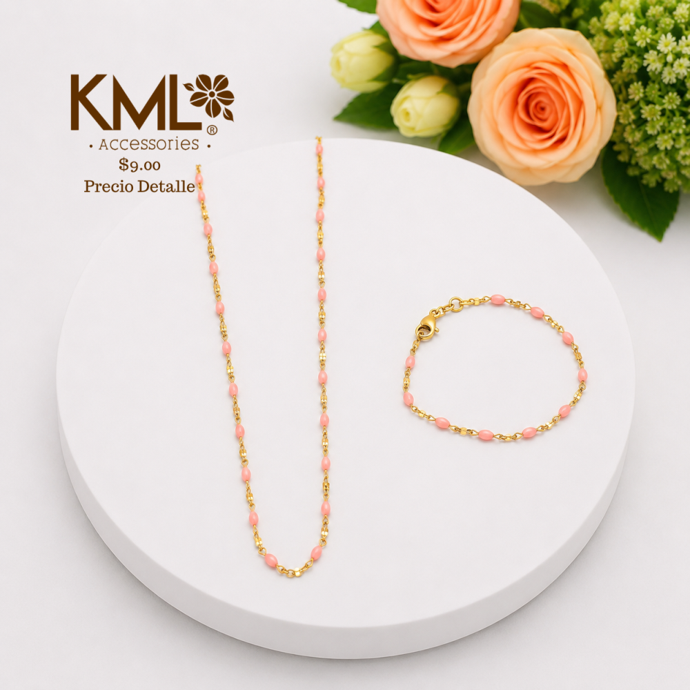 SET CADENA + PULSERA BOLITA ROSA