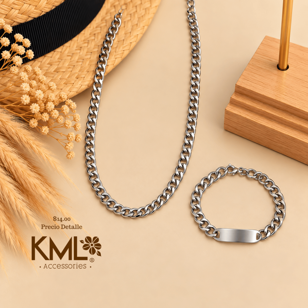 SET CADENA + PULSERA PLACA PLATEADA