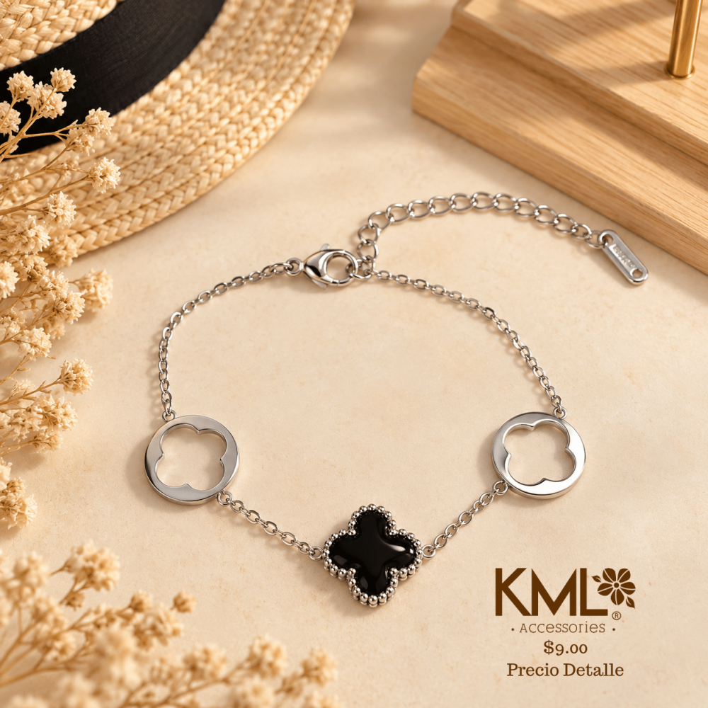 PULSERA PLATEADA TREBOL NEGRO CIRCULO