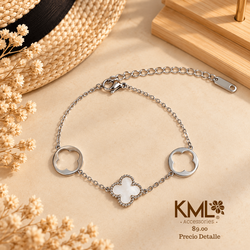 PULSERA PLATEADA TREBOL BLANCA CIRCULO
