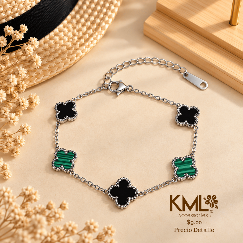PULSERA PLATEADA BABY TREBOL NEGRO/VERDE