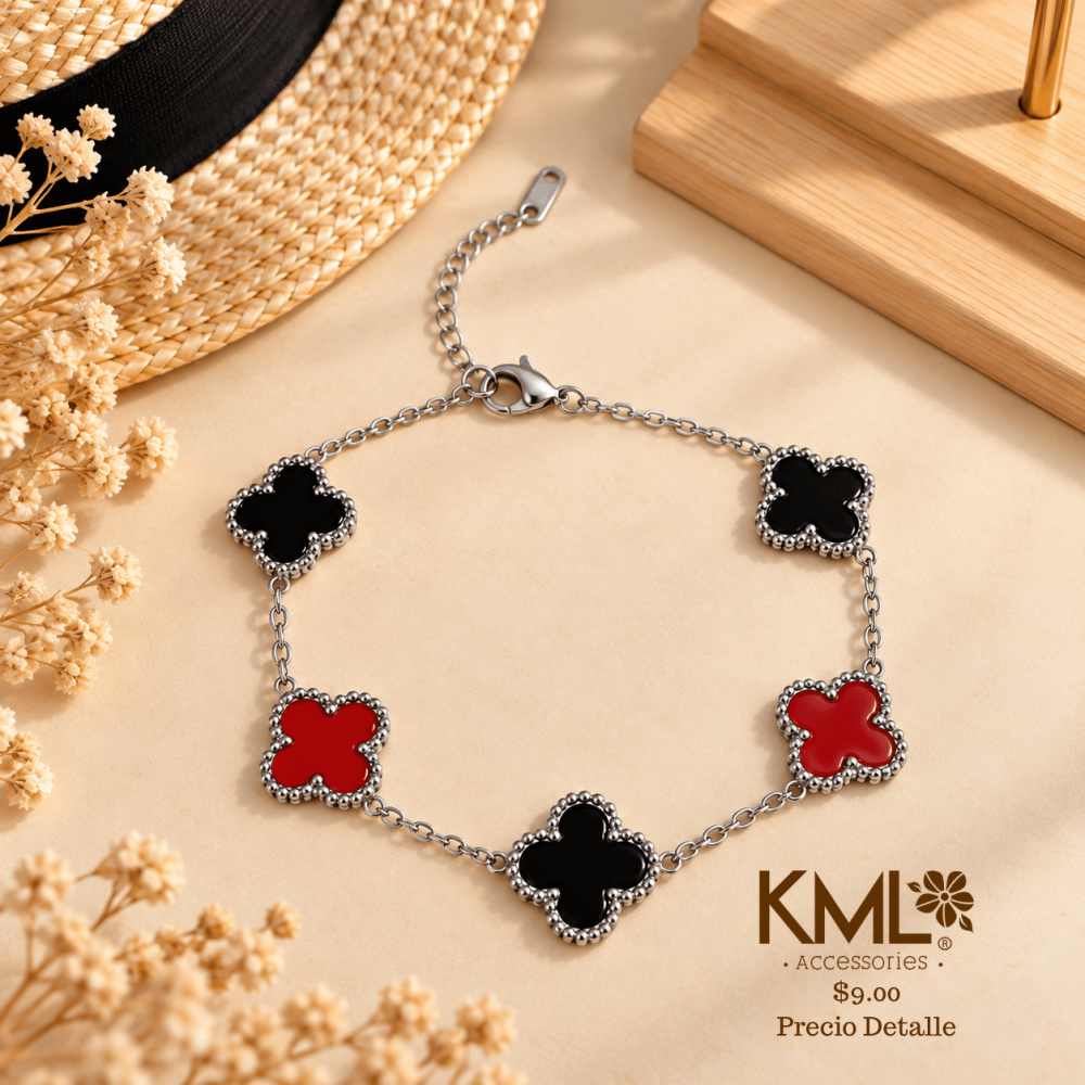 PULSERA PLATEADA TREBOL ROJO/NEGRO