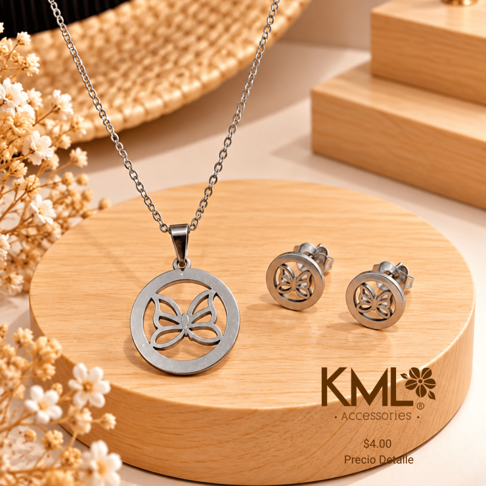 SET PLATEADO CIRCULO MARIPOSA