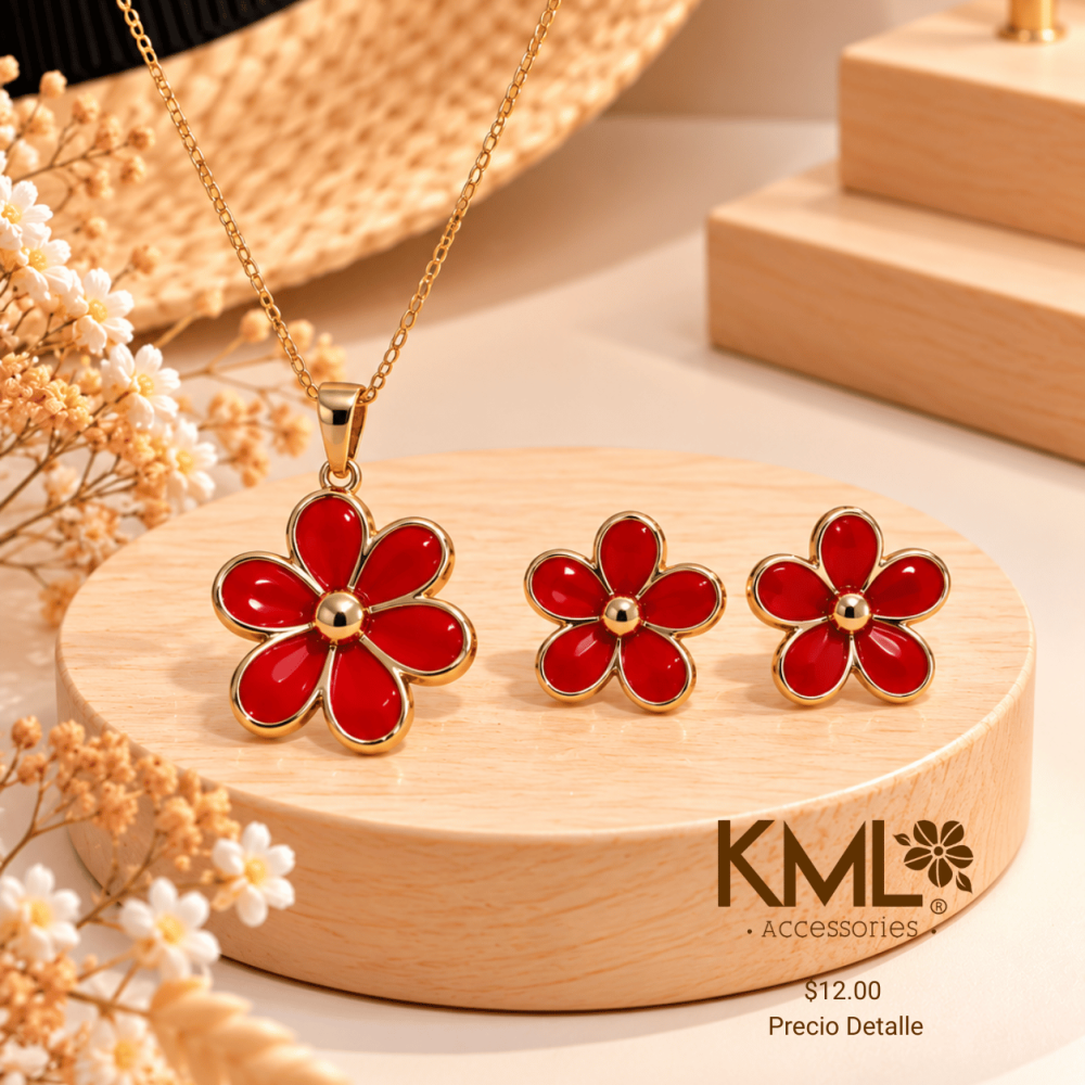 SET DORADO FLOR ROJA